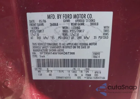 2006 Ford F-150 Xlt из США, поврежденный, VIN 1FTRW14W16KD67366